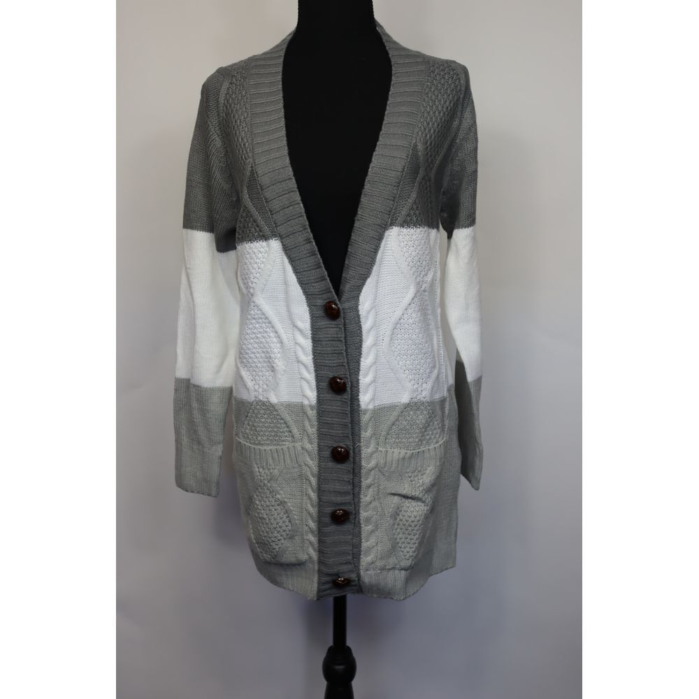 Grey and White Cable Knit Button Cardigan Size Medium